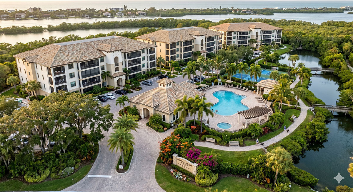 Aerial view of a coastal Florida condominium community in Sarasota County